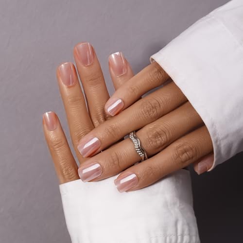 KQueenest Press on Nails Kurz Chrome – Hell Rosa Nägel zum Aufkleben Kurz Eckig, Glasiert Glitzer Fake Nails mit Kleber, Quadratische Künstliche Nägel Set für Frauen, 24 Stück von KQueenest