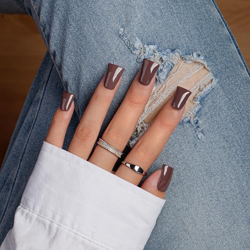 KQueenest Duck Press on Nails Mittel – Sheer Dunkelbraun Nägel zum Aufkleben Lange, Einfarbig Eckig Fake Nails mit Kleber, Kaffee Künstliche Nägel Set für Frauen, 24 Stück von KQueenest