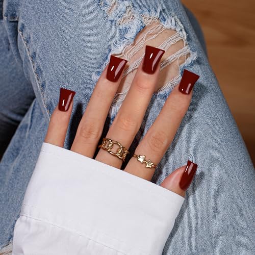KQueenest Duck Press on Nails Mittel – Sheer Weinrote Nägel zum Aufkleben Lange, Einfarbig Eckig Fake Nails mit Kleber, Dunkel Künstliche Nägel Set für Frauen, 24 Stück von KQueenest