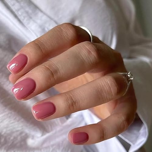 KQueenest Press on Nails Kurz mit Kleber – Sheer Dunkelrosa Nägel zum Aufkleben Kurz, Einfarbig Eckig Fake Nails, Quadratische Künstliche Nägel Set für Frauen & Mädchen, 24 Stück von KQueenest