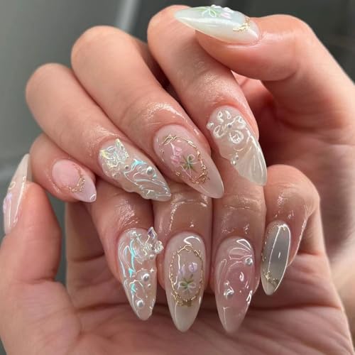 KQueenest Französisch Nägel zum Aufkleben Mittel Mandel,Blumen Press On Nails mit 3D Schmerrerling Anhänger Perle Gestaltung, Glänzende Nude Fake Nails Künstliche Fingernägel für Frauen 24 Pcs KQueenest Französisch Nägel zum Aufkleben Mittel Mandel,Blumen Press On Nails mit 3D Schmerrerling Anhänger Perle Gestaltung, Glänzende Nude Fake Nails Künstliche Fingernägel für Frauen 24 Pcs von KQueenest