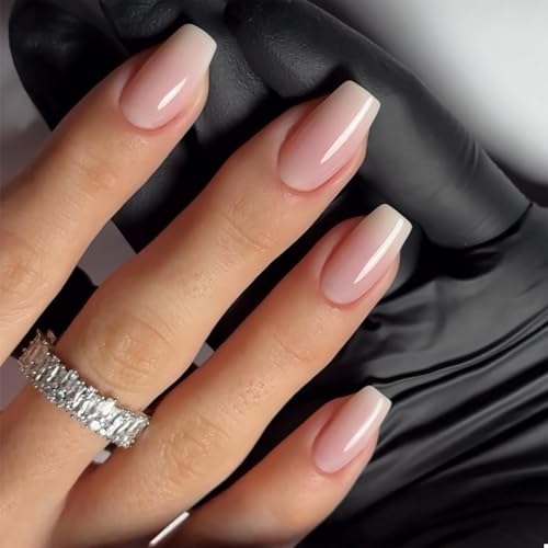 KQueenest French Press on Nails Kurz Mittel – Ombré Rosa Nägel zum Aufkleben Kurz, Gradient Rosa Weiß Fake Nails Eckig, Quadratische Künstliche Nägel Set für Frauen, 24 Stück von KQueenest