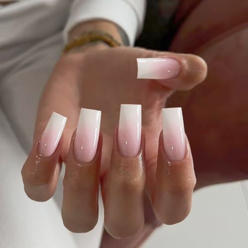 KQueenest French Press on Nails Lange Sarg – Ombré Rosa Nägel zum Aufkleben Lange, Gradient Rosa Weiß Fake Nails Eckig, Quadratische Künstliche Nägel Set für Frauen, 24 Stück von KQueenest