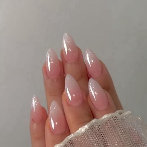KQueenest Glitzer Rosa Nägel zum Aufkleben Mittel Mandel - Press On Nails mit Sparkle Bling Pailletten Full Cover Fake Nails Künstliche Fingernägel, Kokett Acryl Nägel für Frauen 24 Stück von KQueenest