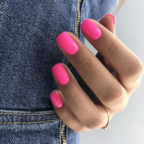 KQueenest Press on Nails Kurz mit Kleber – Sheer Heiß Rosa Nägel zum Aufkleben Kurz, Einfarbig Eckig Fake Nails Neon Pink, Quadratische Künstliche Nägel Set für Frauen & Mädchen, 24 Stück von KQueenest