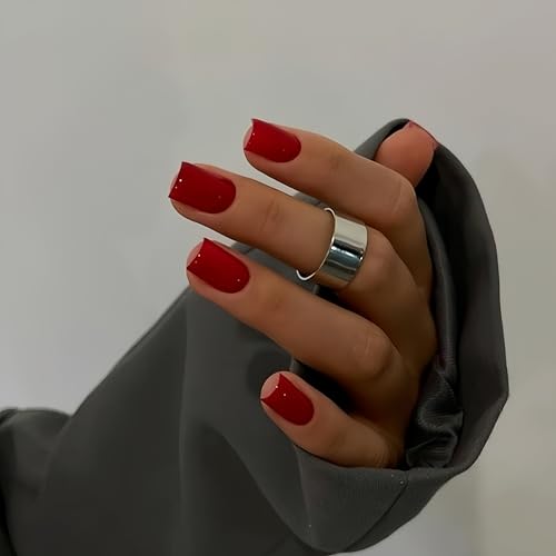KQueenest Press on Nails Kurz mit Kleber – Sheer Hellrot Nägel zum Aufkleben Kurz, Einfarbig Eckig Fake Nails, Quadratische Künstliche Nägel Set für Frauen & Mädchen, 24 Stück von KQueenest