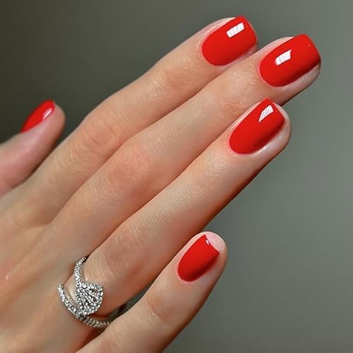 KQueenest Korallenrot Press On Nails Kurz Eckig - Künstliche Nägel zum Aufkleben Kurz, Natürlich Einfarbig Fake Nails Fingernägel zum aufkleben, Glänzende Gel Acryl Nägel für Frauen, 24 Stück von KQueenest