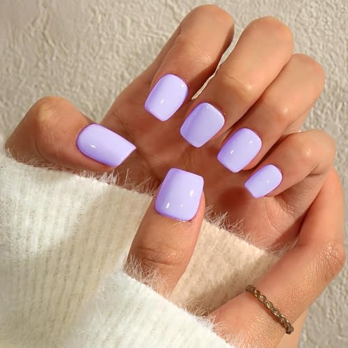 KQueenest Press on Nails Kurz mit Kleber – Sheer Lila Nägel zum Aufkleben Kurz, Einfarbig Eckig Fake Nails Lila, Quadratische Künstliche Nägel Set für Frauen & Mädchen, 24 Stück von KQueenest