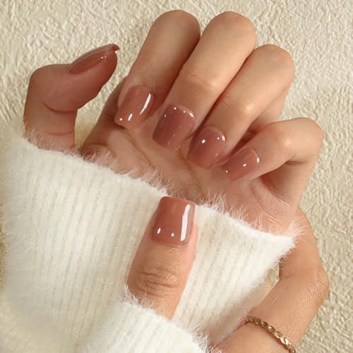 KQueenest Press on Nails Kurz mit Kleber – Sheer Hellgrau Nägel zum Aufkleben Kurz, Einfarbig Eckig Fake Nails Taupe, Quadratische Künstliche Nägel Set für Frauen & Mädchen, 24 Stück von KQueenest