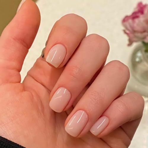 KQueenest Press on Nails Kurz mit Kleber – Sheer Nude Rosa Nägel zum Aufkleben Kurz, Einfarbig Eckig Fake Nails Hell Rosa, Quadratische Künstliche Nägel Set für Frauen & Mädchen, 24 Stück von KQueenest