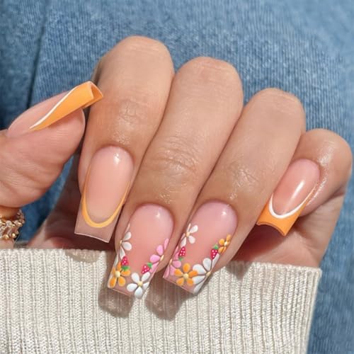 KQueenest Orange Französisch Nägel zum Aufkleben Lange Sarg, Acryl Press On Nails mit Blumen Gestaltung Full Cover Glänzende Mittel Eckig Fake Nails Künstliche Fingernägel für Frauen 24 Pcs KQueenest Orange Französisch Nägel zum Aufkleben Lange Sarg, Acryl Press On Nails mit Blumen Gestaltung Full Cover Glänzende Mittel Eckig Fake Nails Künstliche Fingernägel für Frauen 24 Pcs von KQueenest