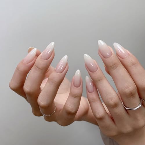 KQueenest Press on Nails French – Ombré Hell Rosa Nägel zum Aufkleben Mandel Mittel, French Fake Nails Gradient Rosa Weiß, Künstliche Nägel Set für Frauen, 24 Stück von KQueenest