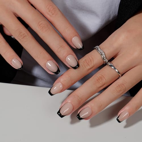 KQueenest Press on Nails French Tip – Schwarz Nägel zum Aufkleben Mittel Sarg, French Tip Fake Nails mit Kleber, Eckig Künstliche Nägel Set für Frauen, 30 Stück von KQueenest