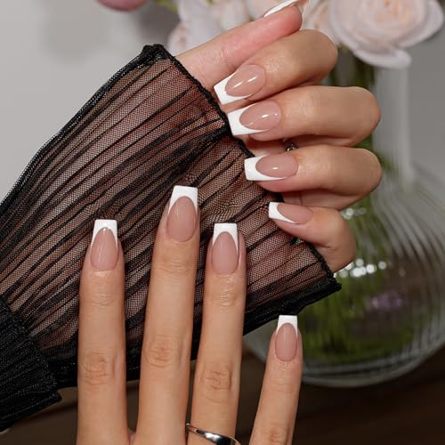 KQueenest Press on Nails French Tip – Weiß Nägel zum Aufkleben Mittel Sarg, French Tip Fake Nails mit Kleber, Eckig Künstliche Nägel Set für Frauen, 30 Stück von KQueenest
