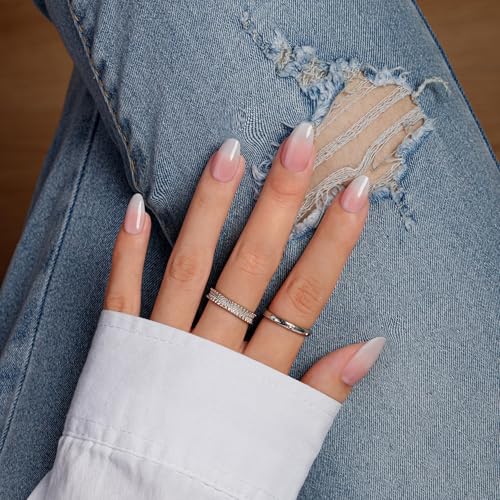 KQueenest Press on Nails Kurz French – Ombré Rosa Nägel zum Aufkleben Kurz Runde mit Kleber, Gradient Rosa Weiß Fake Nails Short, Mandel Künstliche Nägel Set für Frauen, 24 Stück von KQueenest