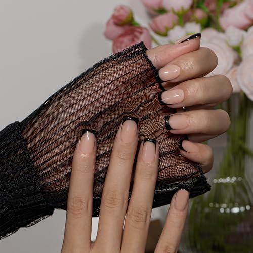 KQueenest Press on Nails Kurz French Tip – 30 Stück Schwarz Nägel zum Aufkleben Kurz Eckig, French Tip Fake Nails mit Kleber, Quadratische Künstliche Nägel Set für Frauen von KQueenest