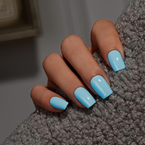 KQueenest Press on Nails Kurz Mittel – Sheer Baby Blau Nägel zum Aufkleben mit Kleber, Einfarbig Eckig Fake Nails Blue, Sarg Künstliche Nägel Set für Frauen & Mädchen, 28 Stück von KQueenest