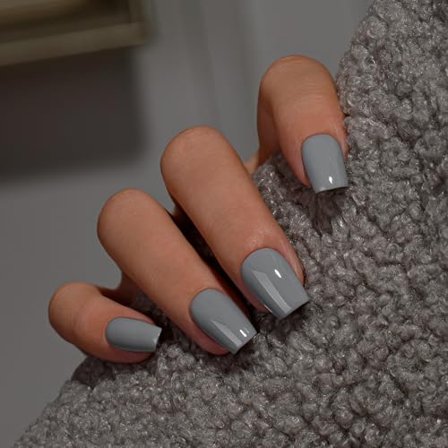 KQueenest Press on Nails Kurz Mittel – Sheer Dunkelgrau Nägel zum Aufkleben mit Kleber, Einfarbig Eckig Fake Nails Gray, Sarg Künstliche Nägel Set für Frauen & Mädchen, 28 Stück von KQueenest