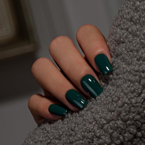 KQueenest Press on Nails Kurz Mittel – Sheer Dunkelgrün Nägel zum Aufkleben mit Kleber, Einfarbig Eckig Fake Nails Smaragd, Sarg Künstliche Nägel Set für Frauen & Mädchen, 28 Stück von KQueenest