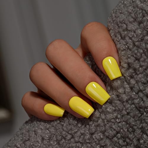 KQueenest Press on Nails Kurz Mittel – Sheer Gelb Nägel zum Aufkleben mit Kleber, Einfarbig Eckig Fake Nails Yellow, Sarg Künstliche Nägel Set für Frauen & Mädchen, 28 Stück von KQueenest