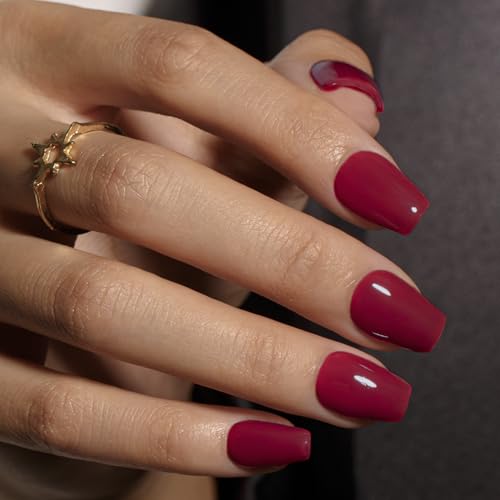 KQueenest Press on Nails Kurz mit Kleber – Sheer Burgunderrot Nägel zum Aufkleben Kurz Sarg, Einfarbig Mittel Ballerina Fake Nails Dunkelrote, Künstliche Nägel Set für Frauen & Mädchen, 30 Stück von KQueenest