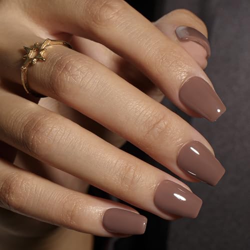 KQueenest Press on Nails Kurz mit Kleber – Sheer Dunkelbraun Nägel zum Aufkleben Kurz Sarg, Einfarbig Mittel Ballerina Fake Nails Kaffee, Künstliche Nägel Set für Frauen & Mädchen, 30 Stück von KQueenest