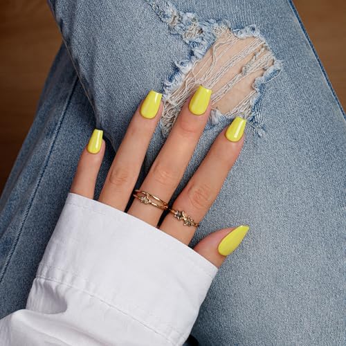 KQueenest Press on Nails Kurz mit Kleber – Sheer Hell Gelb Nägel zum Aufkleben Kurz Sarg, Einfarbig Mittel Ballerina Fake Nails Gelb, Künstliche Nägel Set für Frauen & Mädchen, 30 Stück von KQueenest