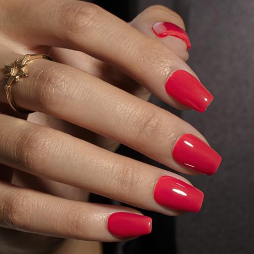 KQueenest Press on Nails Kurz mit Kleber – Sheer Rote Nägel zum Aufkleben Kurz Sarg, Einfarbig Mittel Ballerina Fake Nails Rot, Künstliche Nägel Set für Frauen & Mädchen, 30 Stück von KQueenest