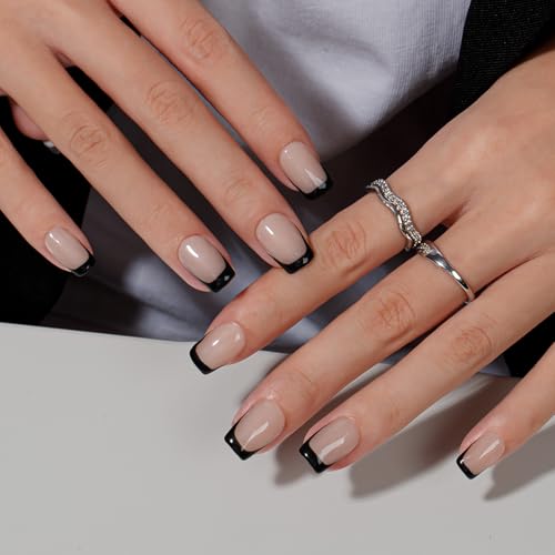 KQueenest Press on Nails Kurz French Tip – Schwarz Nägel zum Aufkleben Kurz Mittel Eckig, French Tip Fake Nails mit Kleber, Quadratische Künstliche Nägel Set für Frauen, 30 Stück von KQueenest