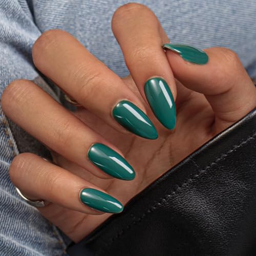 KQueenest Soft Gel Press on Nails Almond – Sheer Dunkelgrün Nägel zum Aufkleben Mandel Mittel, Einfarbig Smaragd Fake Nails mit Kleber, Glänzend Natürlich Künstliche Nägel Set für Frauen, 24 Stück von KQueenest