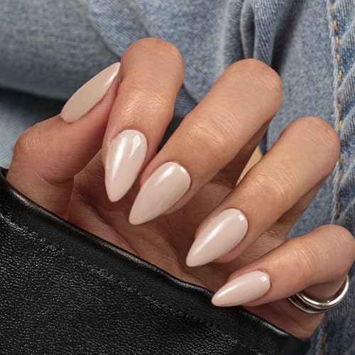 KQueenest Soft Gel Press on Nails Almond – Sheer Hellgrau Nägel zum Aufkleben Mandel Mittel, Einfarbig Taupe Fake Nails mit Kleber, Glänzend Natürlich Künstliche Nägel Set für Frauen, 24 Stück von KQueenest
