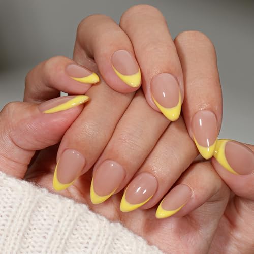 KQueenest Soft Gel Press on Nails French Tip – 30 Stück Gelb Nägel zum Aufkleben Kurz Mandel, French Tip Fake Nails mit Kleber, Natürlich Nude Künstliche Nägel für Frauen für das tägliche Tragen von KQueenest