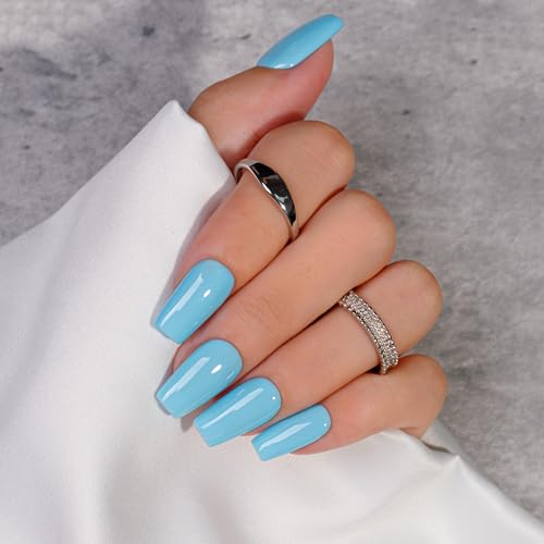 KQueenest Soft Gel Press on Nails Kurz Lang– Sheer Baby Blau Nägel zum Aufkleben Lang Mittel, Einfarbig Eckig Fake Nails mit Kleber, Pastell blau Sarg Künstliche Nägel Set für Frauen, 24 Stück von KQueenest