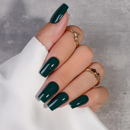 KQueenest Soft Gel Press on Nails Kurz Lang– Sheer Dunkelgrün Nägel zum Aufkleben Lang Mittel, Einfarbig Eckig Fake Nails mit Kleber, Emerald Grün Sarg Künstliche Nägel Set für Frauen, 24 Stück von KQueenest