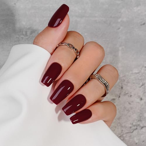 KQueenest Soft Gel Press on Nails Kurz Lang– Sheer Dunkelrot Nägel zum Aufkleben Lang Mittel, Einfarbig Eckig Fake Nails mit Kleber, Burgunderrot Sarg Künstliche Nägel Set für Frauen, 24 Stück von KQueenest