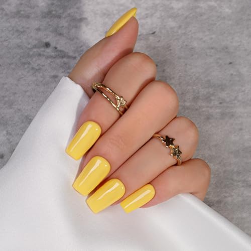 KQueenest Soft Gel Press on Nails Kurz Lang– Sheer Gelb Nägel zum Aufkleben Lang Mittel, Einfarbig Eckig Fake Nails mit Kleber, Hell Yellow Sarg Künstliche Nägel Set für Frauen, 24 Stück von KQueenest