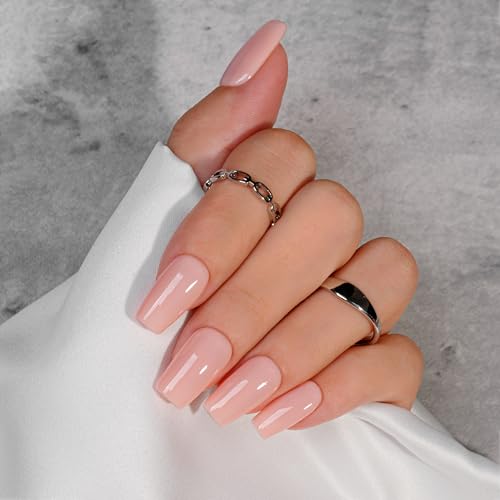 KQueenest Soft Gel Press on Nails Kurz Lang– Sheer Koralle Orange Nägel zum Aufkleben Lang Mittel, Einfarbig Eckig Fake Nails mit Kleber, Peach Sarg Künstliche Nägel Set für Frauen, 24 Stück von KQueenest