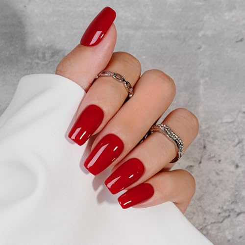 KQueenest Soft Gel Press on Nails Kurz Lang– Sheer Rot Nägel zum Aufkleben Lang Mittel, Einfarbig Eckig Fake Nails mit Kleber, Weinrote Sarg Künstliche Nägel Set für Frauen, 24 Stück von KQueenest