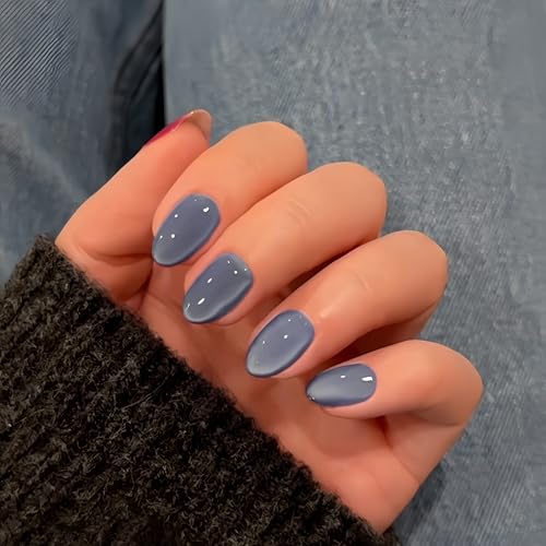 KQueenest Soft Gel Press on Nails Kurz Oval, Dunkelblau Cat Eye Press on Nails Kurz Mandel, Sparkly Marineblau Fake Nails Set, Glas Mirror Effect, Reusable Chrome Glue on Nails for Women, 30 Pcs von KQueenest