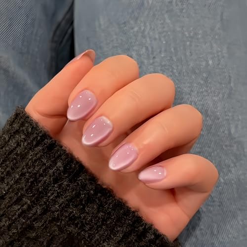 KQueenest Soft Gel Press on Nails Kurz Oval, Hell Rosa Cat Eye Press on Nails Kurz Mandel, Sparkly Pastellrosa Fake Nails Set, Glas Mirror Effect, Reusable Chrome Glue on Nails for Women, 30 Pcs von KQueenest