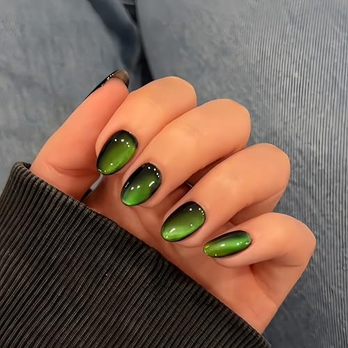 KQueenest Soft Gel Press on Nails Kurz Oval, Schwarz Neon Grün Cat Eye Press on Nails Kurz Mandel, Sparkly Shiny Dark Fake Nails Set, Reusable Chrome Goth Glue on Nails for Women, 30 Pcs von KQueenest