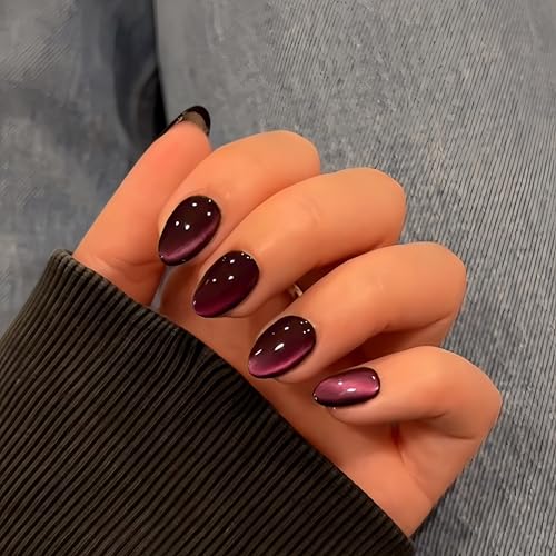 KQueenest Soft Gel Press on Nails Kurz Oval, Schwarz Rosa Cat Eye Press on Nails Kurz Mandel, Sparkly Shiny Dark Fake Nails Set, Reusable Chrome Goth Glue on Nails for Women, 30 Pcs von KQueenest