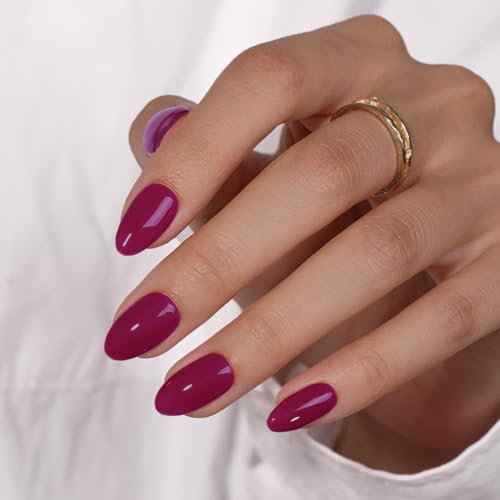 KQueenest Soft Gel Press on Nails Kurz – Sheer Beerenviolett Nägel zum Aufkleben Kurz Runde, Einfarbig Fake Nails mit Kleber, Glänzend Dunkel Mandel Künstliche Nägel Set für Frauen & Mädchen, 24 Stück von KQueenest