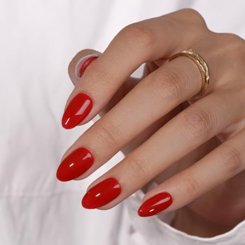 KQueenest Soft Gel Press on Nails Kurz – Sheer Hellrote Nägel zum Aufkleben Kurz Runde, Einfarbig Fake Nails mit Kleber, Glänzend Mandel Künstliche Nägel Set für Frauen & Mädchen, 24 Stück von KQueenest