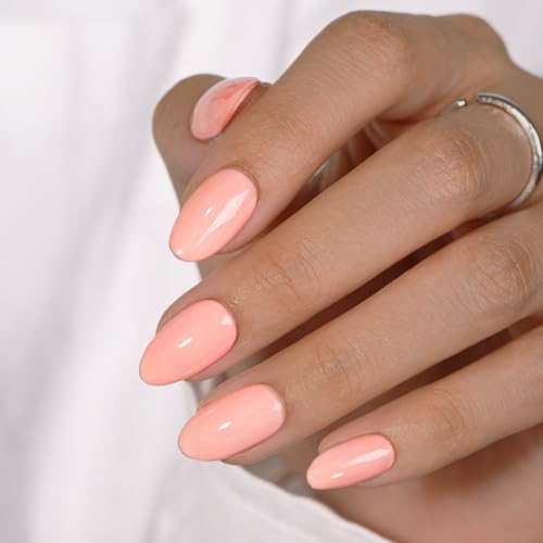 KQueenest Soft Gel Press on Nails Kurz – Sheer Koralle Rosa Nägel zum Aufkleben Kurz Runde, Einfarbig Fake Nails mit Kleber, Glänzend Peach Mandel Künstliche Nägel Set für Frauen & Mädchen, 24 Stück von KQueenest