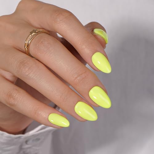 KQueenest Soft Gel Press on Nails Kurz – Sheer Neon Gelb Nägel zum Aufkleben Kurz Runde, Einfarbig Fake Nails mit Kleber, Glänzend Hell Mandel Künstliche Nägel Set für Frauen & Mädchen, 24 Stück von KQueenest