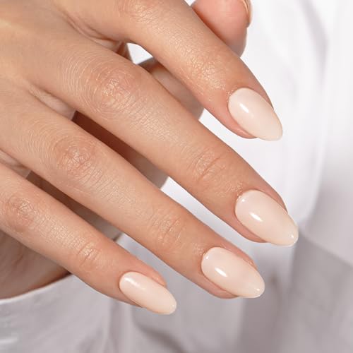 KQueenest Soft Gel Press on Nails Kurz – Sheer Nude Nägel zum Aufkleben Kurz Runde, Einfarbig Fake Nails mit Kleber, Glänzend French Mandel Künstliche Nägel Set für Frauen & Mädchen, 24 Stück von KQueenest