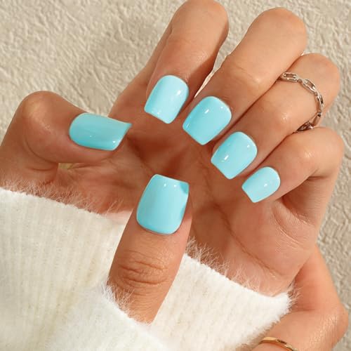 KQueenest Press on Nails Kurz mit Kleber – Sheer Türkis Blau Nägel zum Aufkleben Kurz, Einfarbig Eckig Fake Nails, Quadratische Künstliche Nägel Set für Frauen & Mädchen, 24 Stück von KQueenest