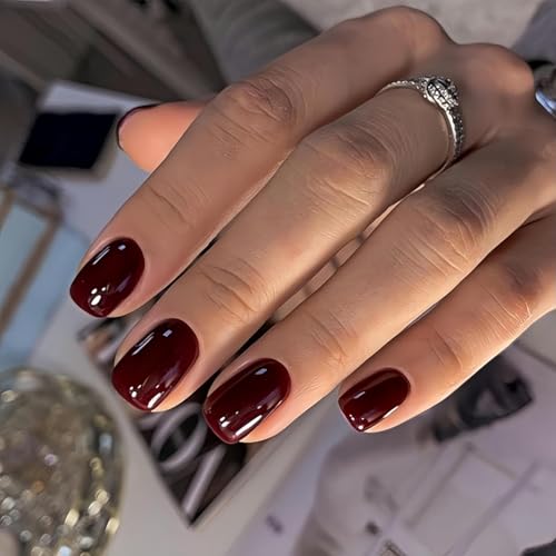 KQueenest Press on Nails Kurz mit Kleber – Sheer Weinrote Nägel zum Aufkleben Kurz, Einfarbig Eckig Fake Nails, Quadratische Künstliche Nägel Set für Frauen & Mädchen, 24 Stück von KQueenest