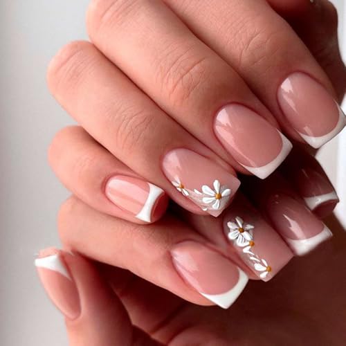 KQueenest Weiß Französisch Nägel zum Aufkleben Kurz Eckig - Press On Nails mit 3D Blüten Gestaltung, Fake Nails Künstliche Fingernägel, Pailletten Full Cover Kokett Acryl Nägel für Frauen KQueenest Weiß Französisch Nägel zum Aufkleben Kurz Eckig - Press On Nails mit 3D Blüten Gestaltung, Fake Nails Künstliche Fingernägel, Pailletten Full Cover Kokett Acryl Nägel für Frauen von KQueenest